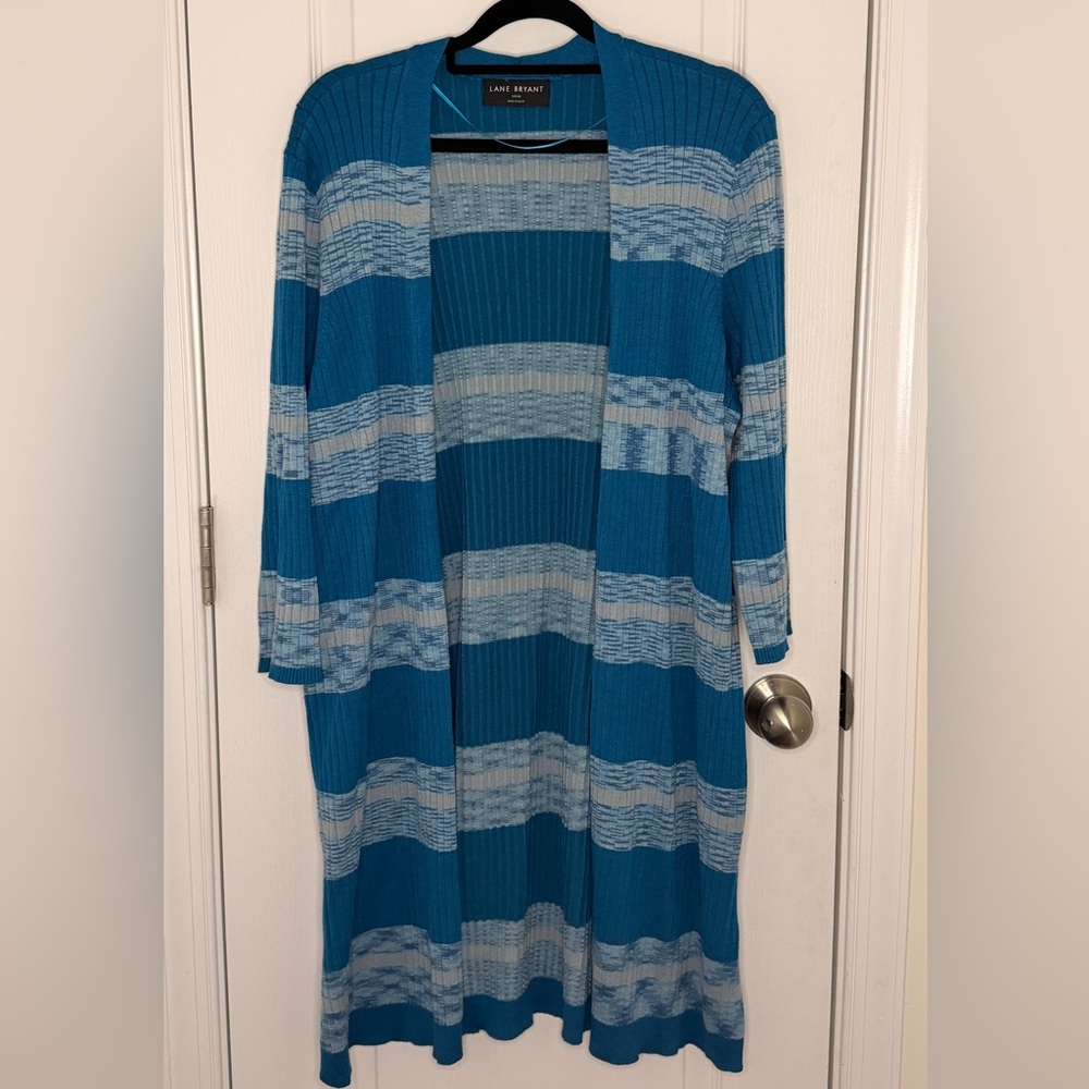 Lane Bryant Teal and Light Gray Striped Cardigan 14/16